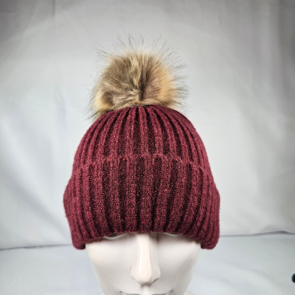 Virginia Wolf Burgundy Ribbed‎ Knit Beanie with Faux Fur Pom Pom